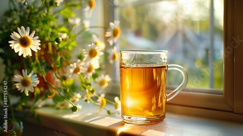 morning chamomile tea in a transparent glass cup on the windowsill, light background sunlight