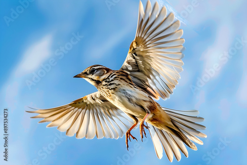 Graceful Flight of a Lark Against a Clear Blue Sky Highlighted by Sunlight and Cloud Wisps photo