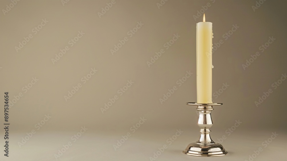 Lit Candle in Elegant Silver Holder on Neutral Background, Emphasizing Tranquility and Simplicity, Perfect for Home Decor and Relaxation Themes Lit Candle in Elegant Silver Holder on Neutral Background, Emphasizing Tranquility and Simplicity, Perfect for Home Decor and Relaxation Themes