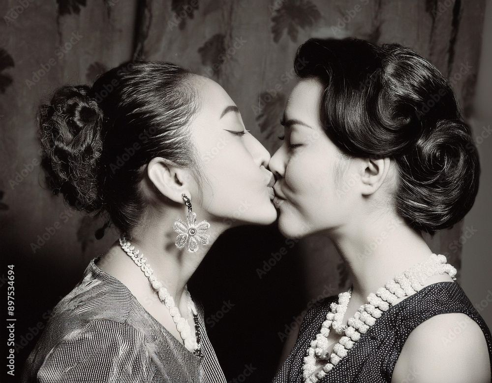 Two Lesbian Women Kissing: Retro Film Noir Style LGTB Portrait with Vintage Hairstyles and Dramatic Lighting Two Lesbian Women Kissing: Retro Film Noir Style LGTB Portrait with Vintage Hairstyles and Dramatic Lighting