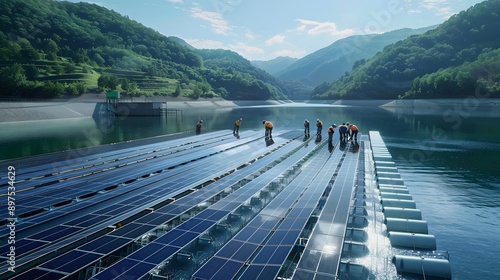 A team of engineers installing a state-of-the-art floating solar farm, with innovative buoyant panels carefully positioned on the water's surface within a dam, capturing sunlight to produce sustain