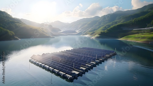 A state-of-the-art solar farm with buoyant platforms floating on the calm waters of a dam, photovoltaic panels gleaming in the sunlight, surrounded by scenic landscapes and verdant hills