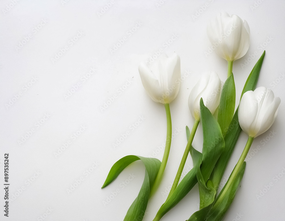 Serene Beauty White Tulips in Aerial View on White Background Serene Beauty White Tulips in Aerial View on White Background