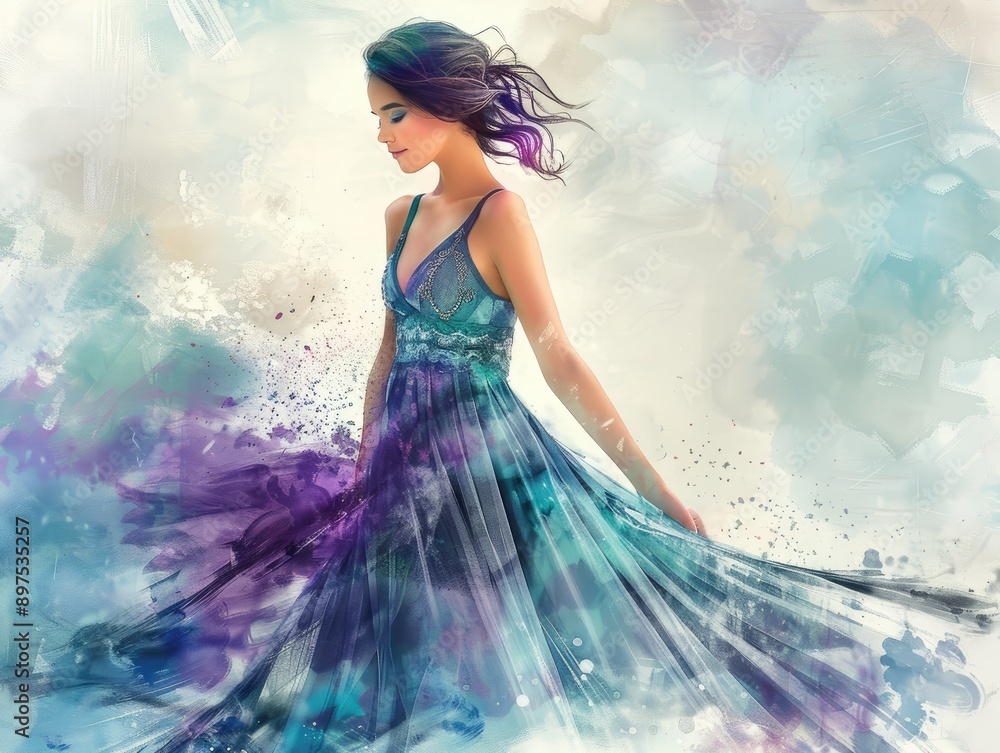 A stylish, elegant animated girl in a flowing evening gown, watercolor illustration with soft, ethereal colors. A stylish, elegant animated girl in a flowing evening gown, watercolor illustration with soft, ethereal colors.