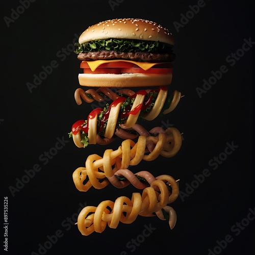 FTO Gene and Fast Food Visualizing Genetics and Unhealthy Eating with DNA Art Concept. photo