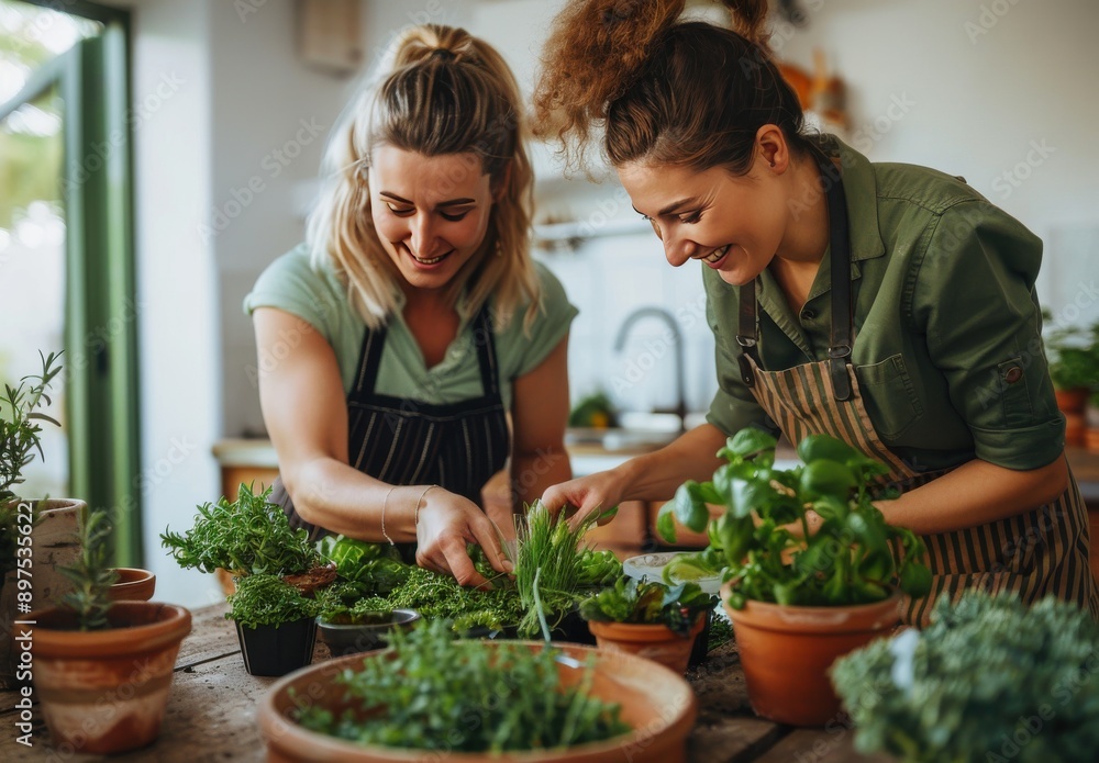 two women in their thirties, smiling and wearing aprons while planting plants into pots on a table at home two women in their thirties, smiling and wearing aprons while planting plants into pots on a table at home