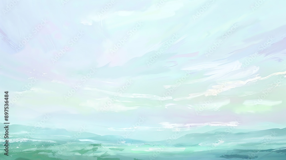 Obraz premium A serene landscape featuring soft pastel colors, depicting a tranquil sky and gentle rolling hills under a dreamy atmosphere.