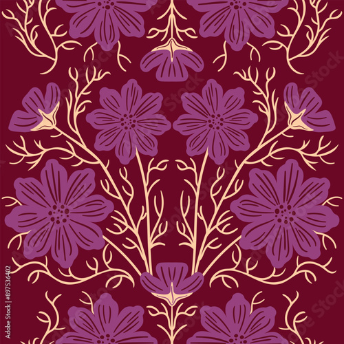 Cosmea. Modern flowers, decorative seamless pattern of pastel colors in geometric shapes. Abstract groovy botanical poster. Aesthetic vector vintage illustration. For wallpaper, wrapping, background.