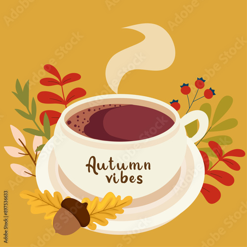 Autumn vibes coffee cup with seasonal decorations and warm tones. Cute and cozy autumn design. Fall, Thanksgiving Day, Autumn season.