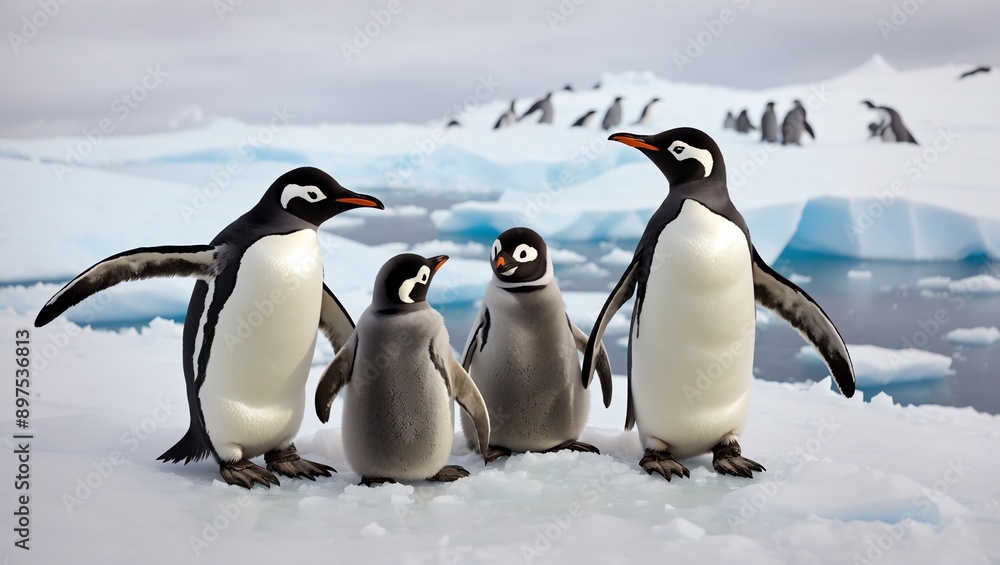 Obraz premium A family of penguins huddled together on the icy Antarctic landscape, their resilience and cooperation a testament to survival in extreme conditions.