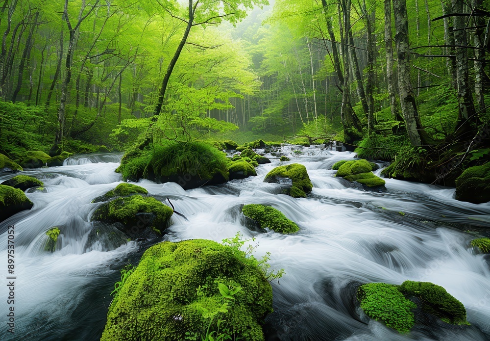 Obraz premium river in the forest of white water and green trees at high noon