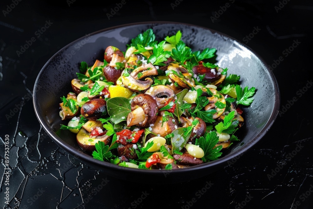 Fleur de sel finished whole mushroom salad with garlic and lemon Fleur de sel finished whole mushroom salad with garlic and lemon