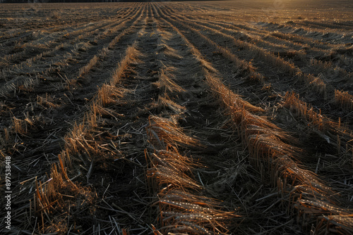 Sun sets on field of condemned wheat casting long shadows of decay photo