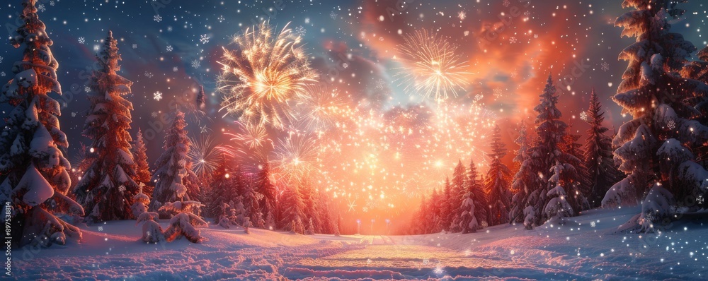 Fototapeta premium Festive fireworks display in snowy forest during winter evening
