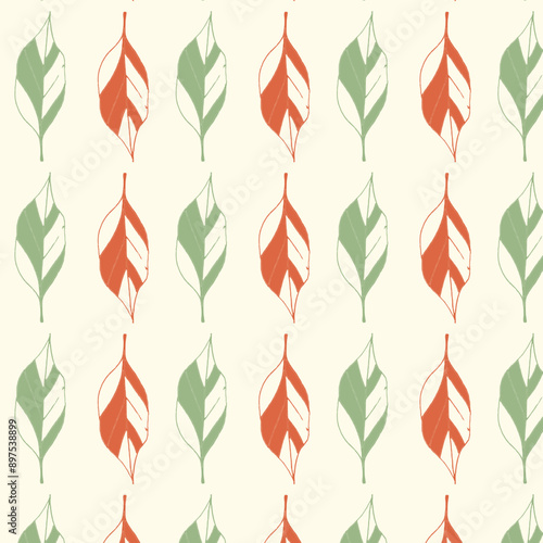 Pattern con foglie verdi e marroni su sfondo crema