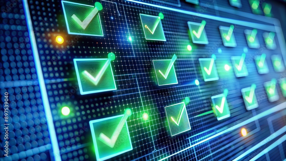 custom made wallpaper toronto digitalClose-up of a computer screen displaying a system validation process with coding lines and green checkmarks indicating successful data verification and system approval.