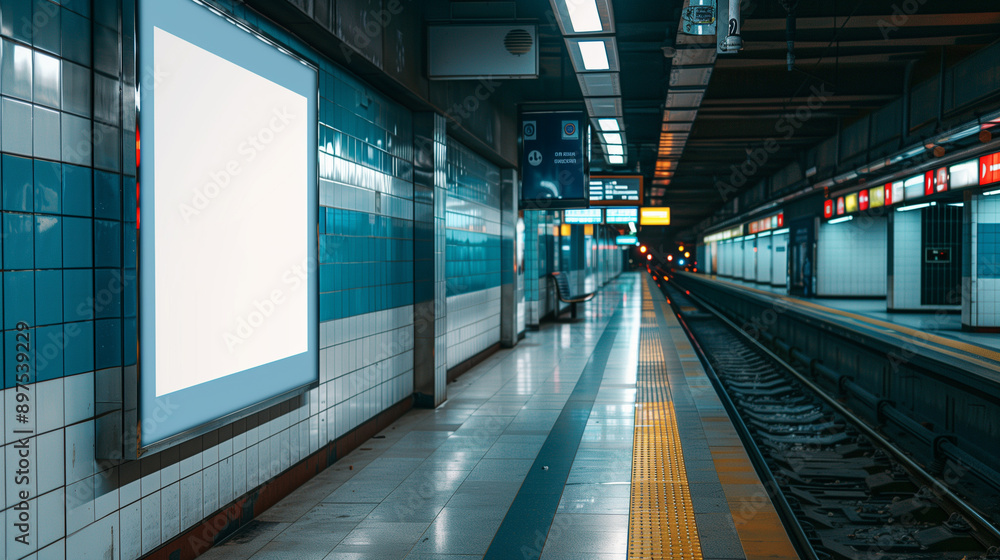 Fototapeta premium Blank poster mockup in a train station platform with commute, advertising on peron, railway platform poster mock up template