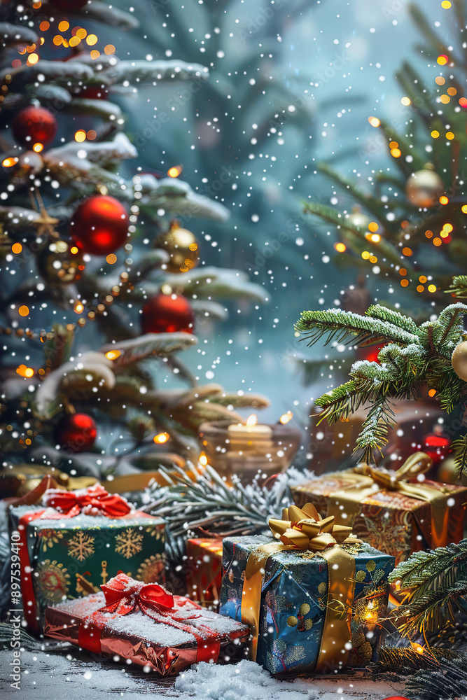 Fototapeta premium A Christmas tree with many presents on it.