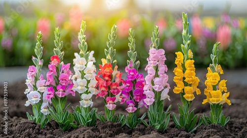  snapdragons with tall flower spikes in a sunny garden