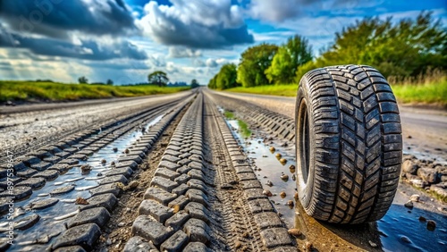 Worn tire treads leave rough tracks on a dirty, grungy asphalt road, showcasing the effects of heavy use and harsh weather conditions. photo