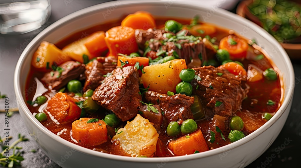 beef stew with carrots, potatoes, and peas in a rich gravy beef stew with carrots, potatoes, and peas in a rich gravy