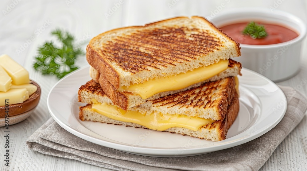Grilled cheese sandwich with perfectly melted cheese and a side of tomato soup Grilled cheese sandwich with perfectly melted cheese and a side of tomato soup