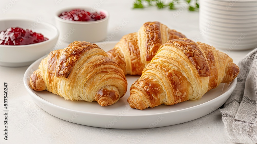 Freshly baked croissants with a side of butter and jam Freshly baked croissants with a side of butter and jam
