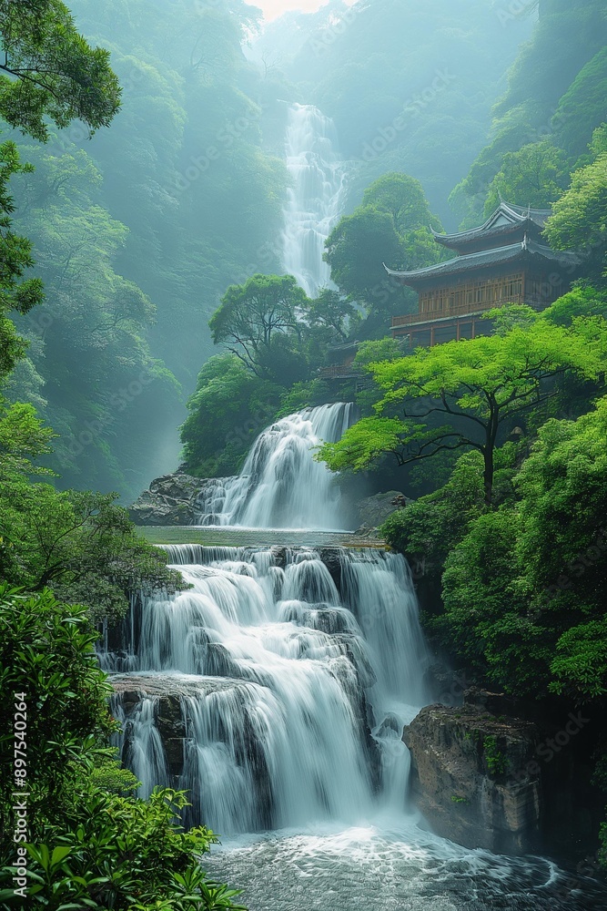 AI generator image of waterfalls,waterfall flowing with colorful sunset sky,in Forest, Stones AI generator image of waterfalls,waterfall flowing with colorful sunset sky,in Forest, Stones