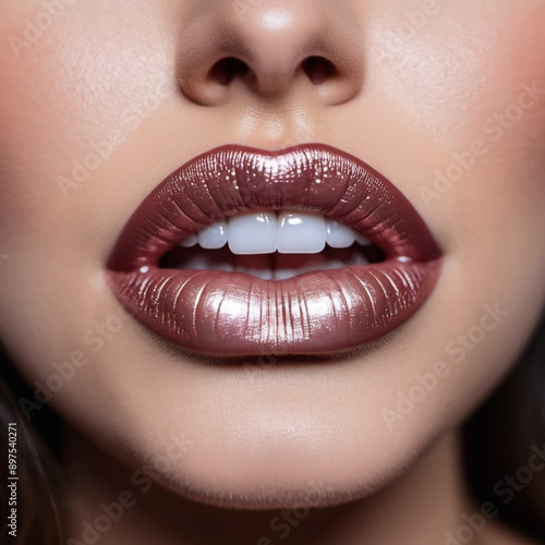 Close-up of woman lips, featuring shimmering pearlescent lipstick. Touch of sparkle. Lips are slightly parted, revealing glimpse of white teeth. Sensuality and sexuality. Mother of pearl lipstick. AI