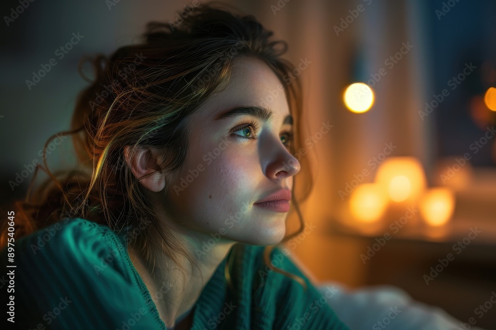 custom made wallpaper toronto digitalAnxious Woman in Emerald Green Under Indoor Lighting Profile View