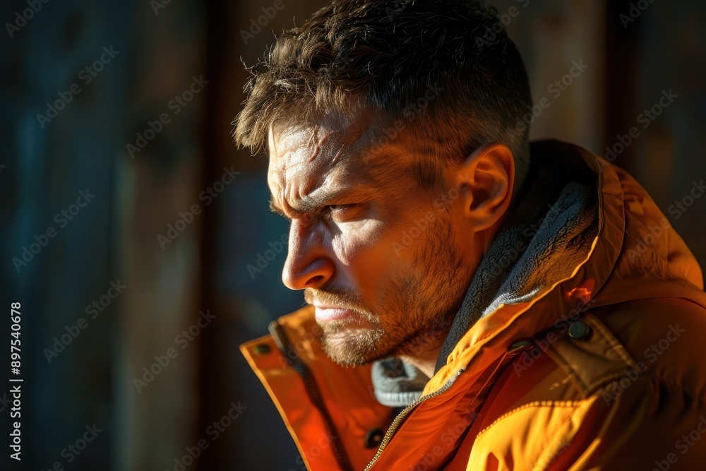 Intense Anger: Profile of a Furious Man in Pumpkin Orange Jacket under Harsh Light Intense Anger: Profile of a Furious Man in Pumpkin Orange Jacket under Harsh Light