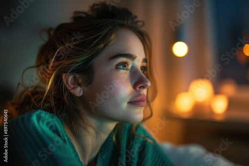 Wallpaper Mural Anxious Woman in Emerald Green Under Indoor Lighting Profile View Torontodigital.ca