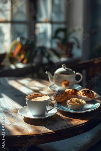 Coffee cup and muffins on a table in a cafe