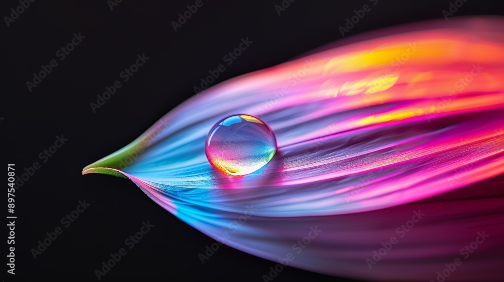 A close-up of a delicate, glowing raindrop on a blade of grass, reflecting multicolored light, with copy space, high-resolution photo, realistic photo, hyper realistic A close-up of a delicate, glowing raindrop on a blade of grass, reflecting multicolored light, with copy space, high-resolution photo, realistic photo, hyper realistic
