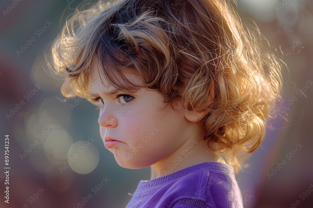 Moody Child in Rebecca Purple Light - Profile View of An Angry Kid in Soft Illumination Moody Child in Rebecca Purple Light - Profile View of An Angry Kid in Soft Illumination