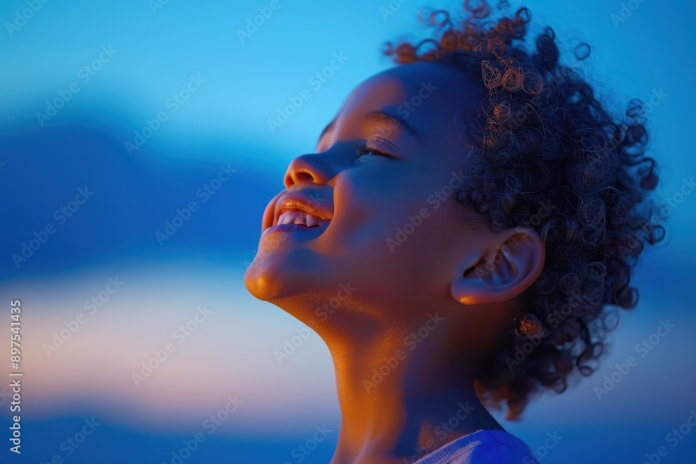 Joyful Child in Profile Laughing Under Azure Blue Evening Light Joyful Child in Profile Laughing Under Azure Blue Evening Light