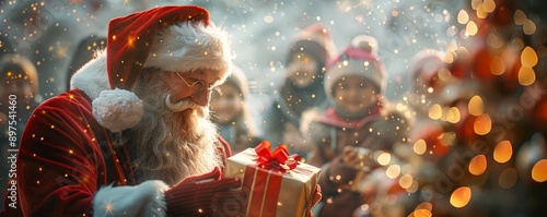 Santa Claus giving a present to children during Christmas celebration with festive lights and warm atmosphere photo