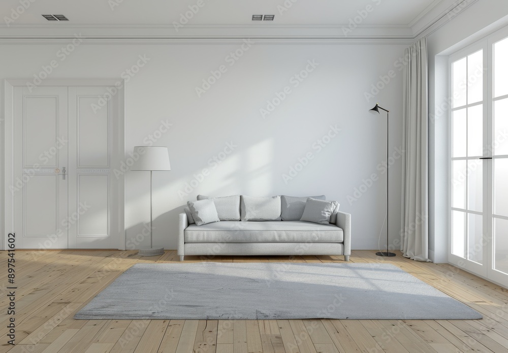 Fototapeta premium minimalist interior design of a modern living room with a sofa and white door, carpet on the floor