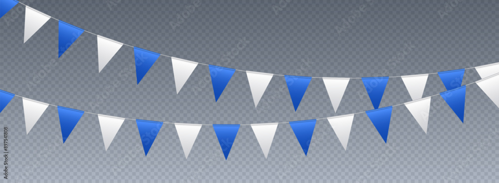 Bunting flags, carnival party flags, white and blue festive pennants hanging on a rope. Festival vector decoration.