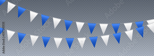 Obraz na płótnie Bunting flags, carnival party flags, white and blue festive pennants hanging on a rope. Festival vector decoration. w salonie