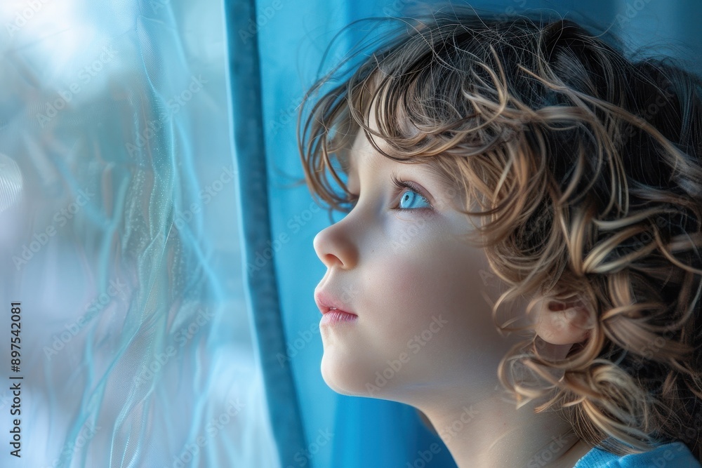 Portrait of a Worried Child in Profile View Under Azure Blue Morning Light Portrait of a Worried Child in Profile View Under Azure Blue Morning Light