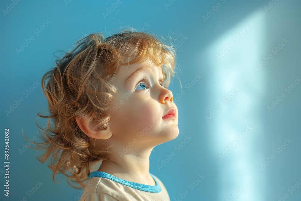 Young Child Expressing Worries in Gentle Morning Light Against Azure Blue Background Young Child Expressing Worries in Gentle Morning Light Against Azure Blue Background