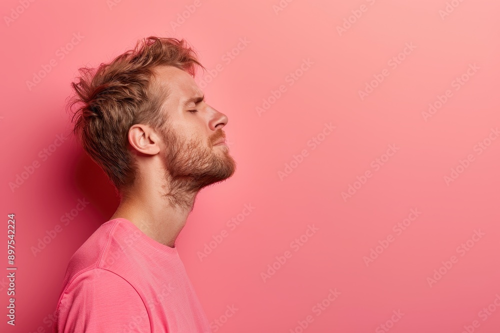 Fototapeta premium Irritated Man in Hot Pink: Profile View in Morning Light