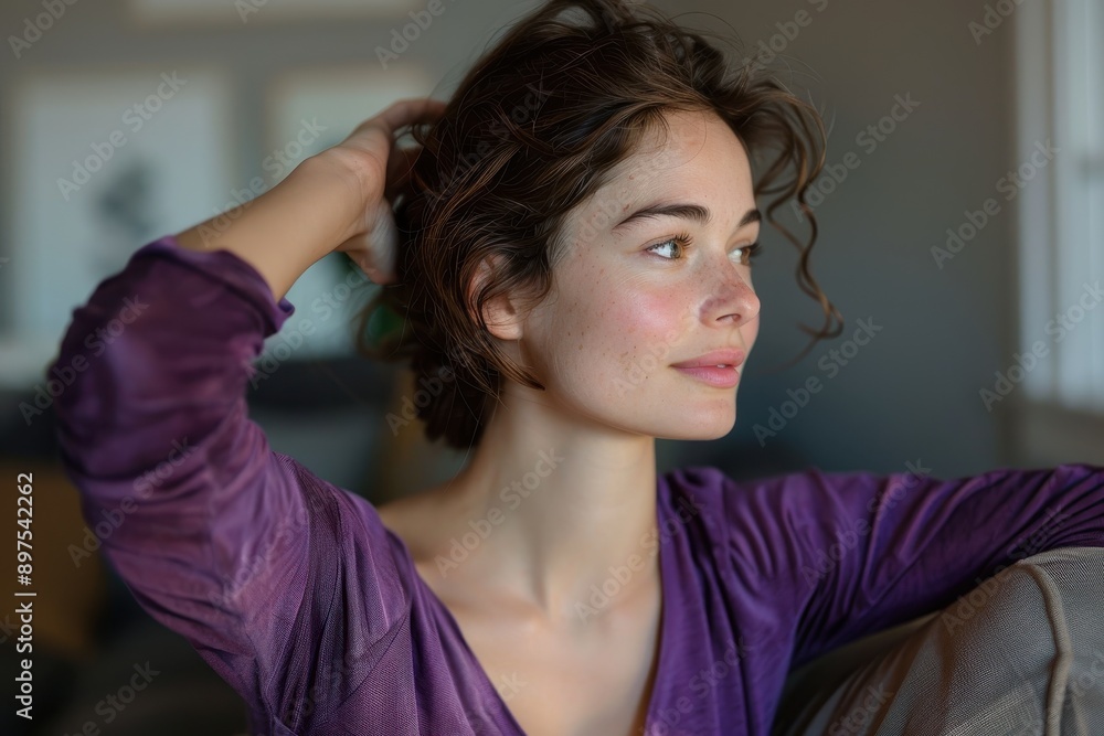 Portrait of a Nervous Woman in Rebecca Purple Under Indoor Lighting Portrait of a Nervous Woman in Rebecca Purple Under Indoor Lighting