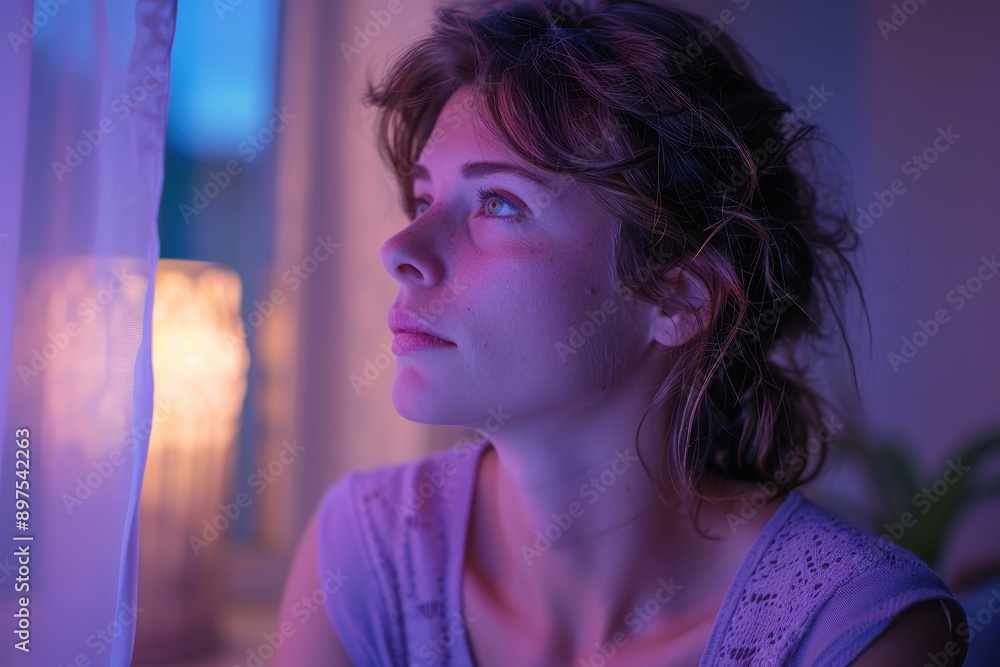Nervous Woman in Rebecca Purple - Profile View with Indoor Lighting Nervous Woman in Rebecca Purple - Profile View with Indoor Lighting