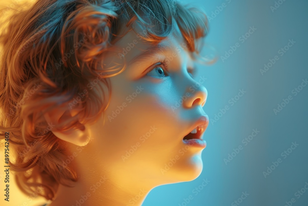 Astonished Child in Azure Blue Illuminated by Warm Light Profile View Astonished Child in Azure Blue Illuminated by Warm Light Profile View