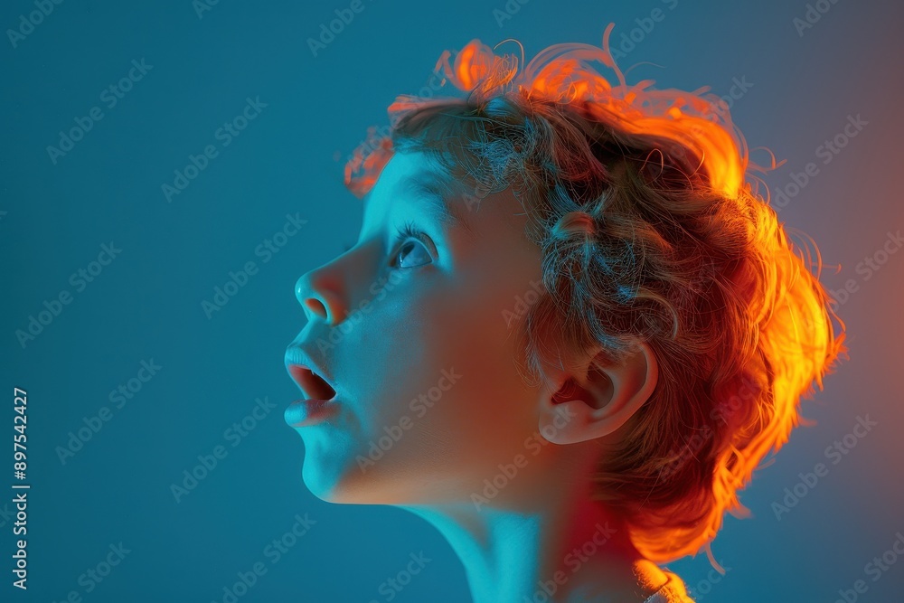 Astonished Child in Profile View Bathed in Azure Blue Light