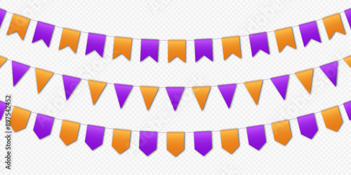 Party flags, bunting flags garland, orange and purple pennants hanging on a rope. Halloween vector decoration.