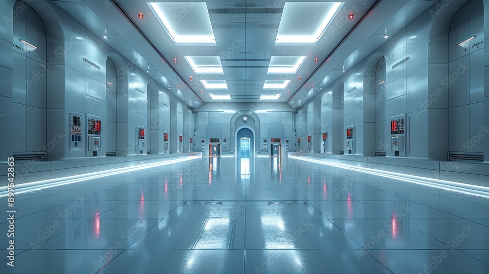 Fototapeta premium A long, white hallway with a reflective floor and bright lights
