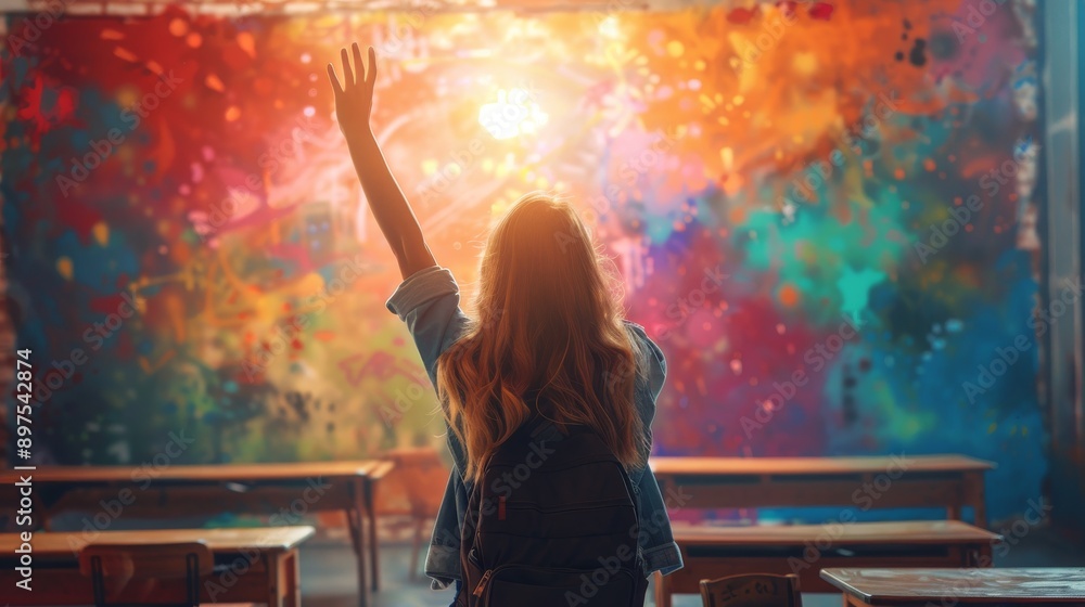 Inspiring young woman raising hand in colorful classroom with creative graffiti artwork Inspiring young woman raising hand in colorful classroom with creative graffiti artwork
